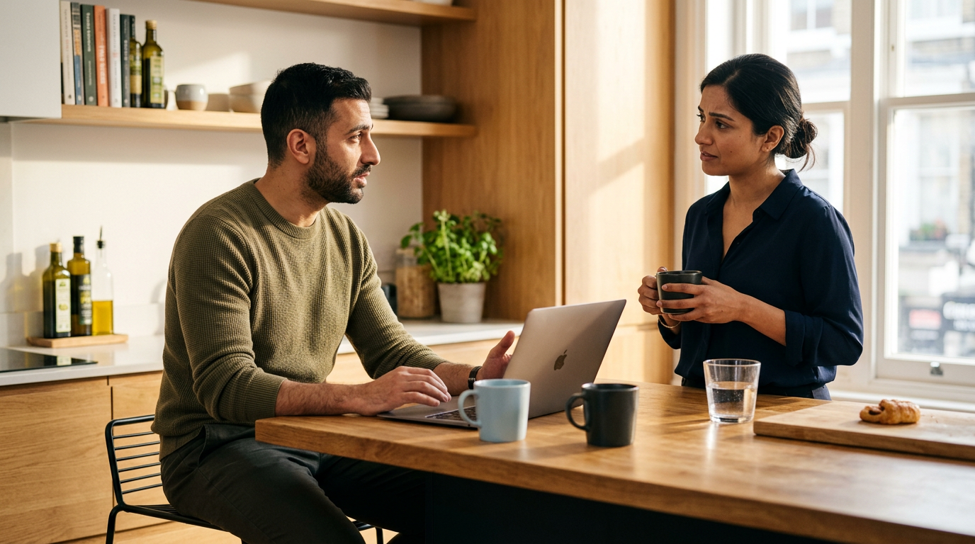 SUBJECT: a adult (30s) Middle Eastern man interacting with one or two other people in a sunlit kitchen (meeting, convers